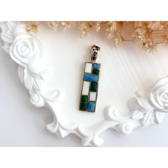 Geometric Malachite, Mother of Pearl & Blue Quartz 925 Sterling Vintage Pendant - Picture 3 of 10